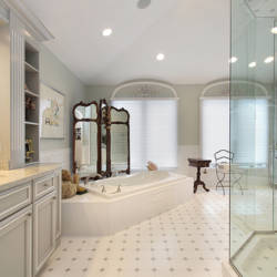 Master bath in luxury home with glass shower